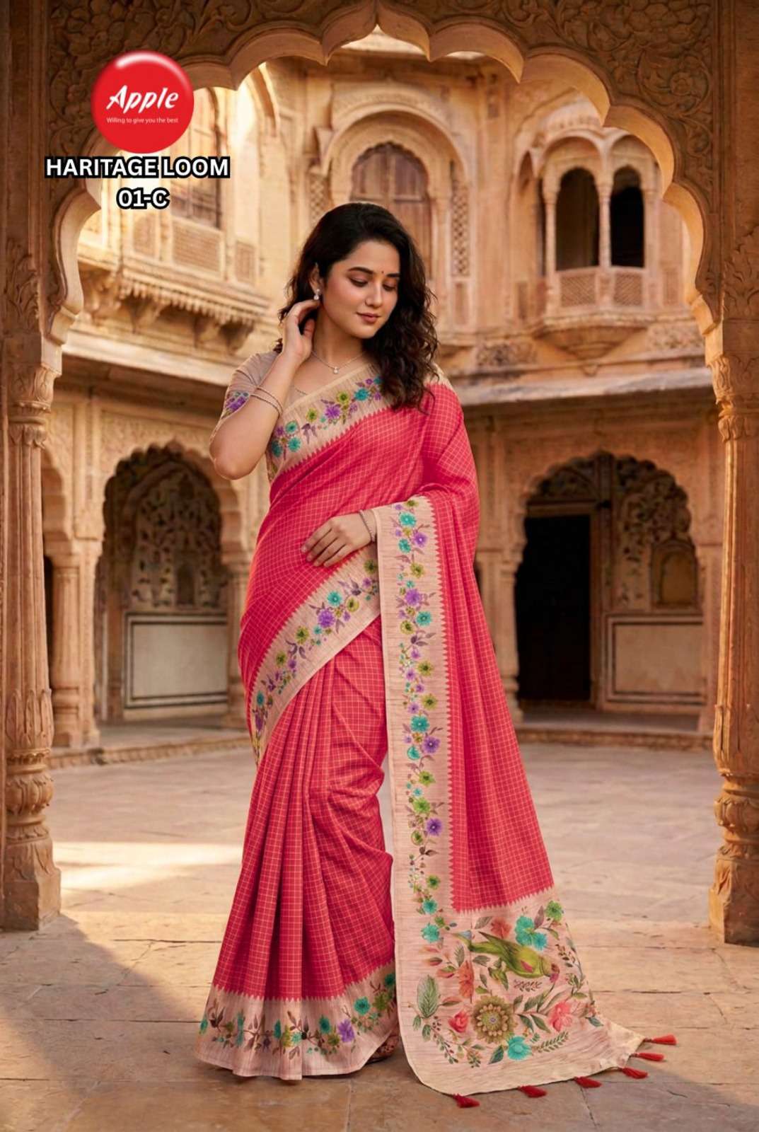 APPLE HERITAGE LOOM VOL 1 SOFT SILK FABRIC WITH BEAUTIFUL CHECK PATTEN ON SAREE BEST RATE